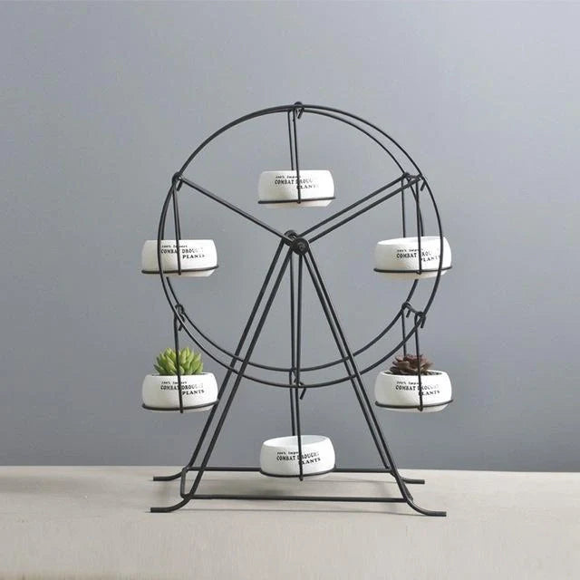 Ferris Wheel stand with 6 cement succulent plant pots in various colors