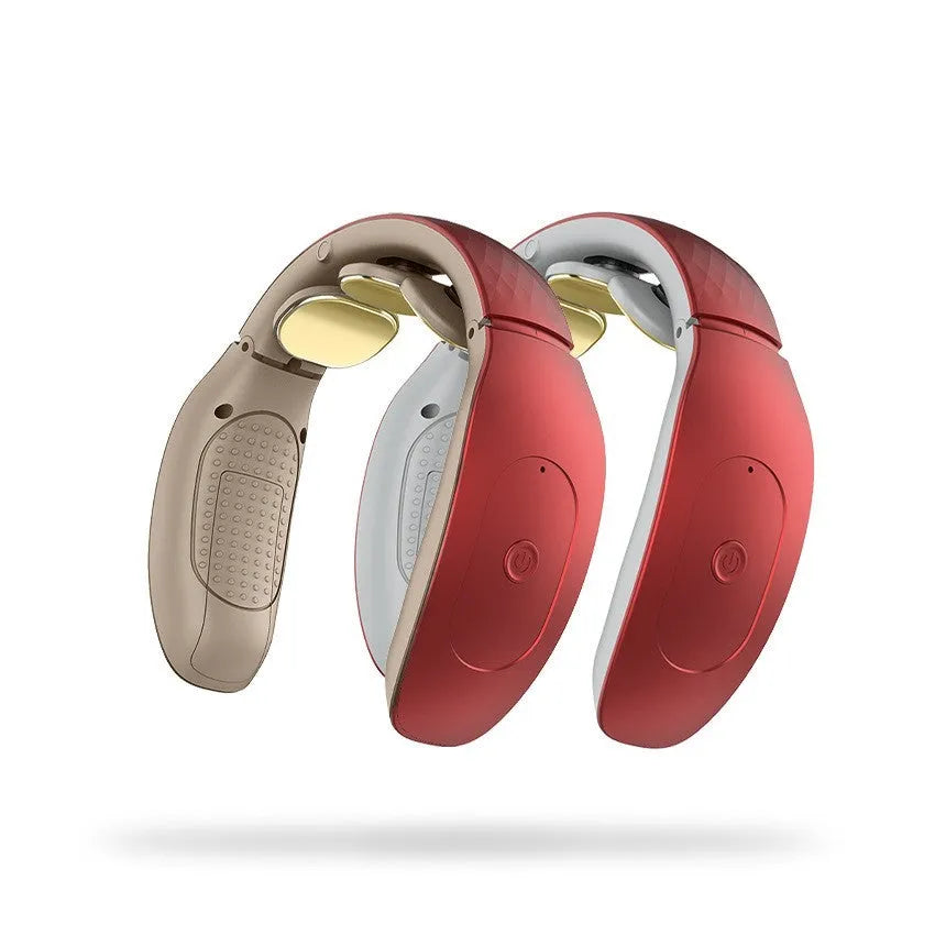 Compact intelligent cervical massager in red or white with 3 massage contact points.