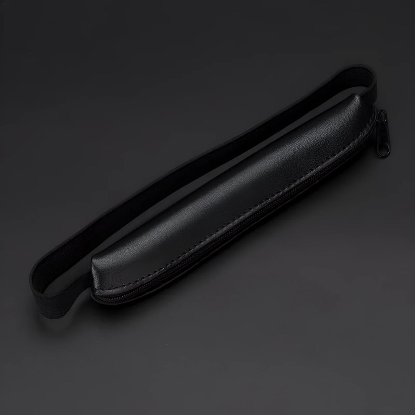 Long slim PU leather pencil case showing beige grey colour option with dimensions 16.5 by 3 cm