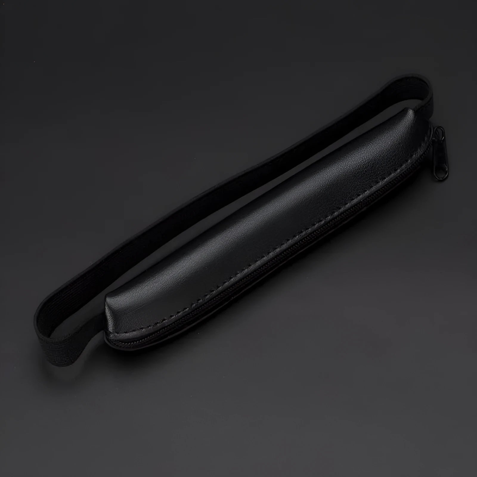 Long slim PU leather pencil case showing beige grey colour option with dimensions 16.5 by 3 cm