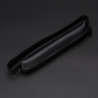 Long slim PU leather pencil case showing beige grey colour option with dimensions 16.5 by 3 cm