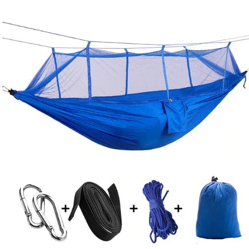 Lightweight and portable parachute hammock with mosquito net for outdoor relaxation