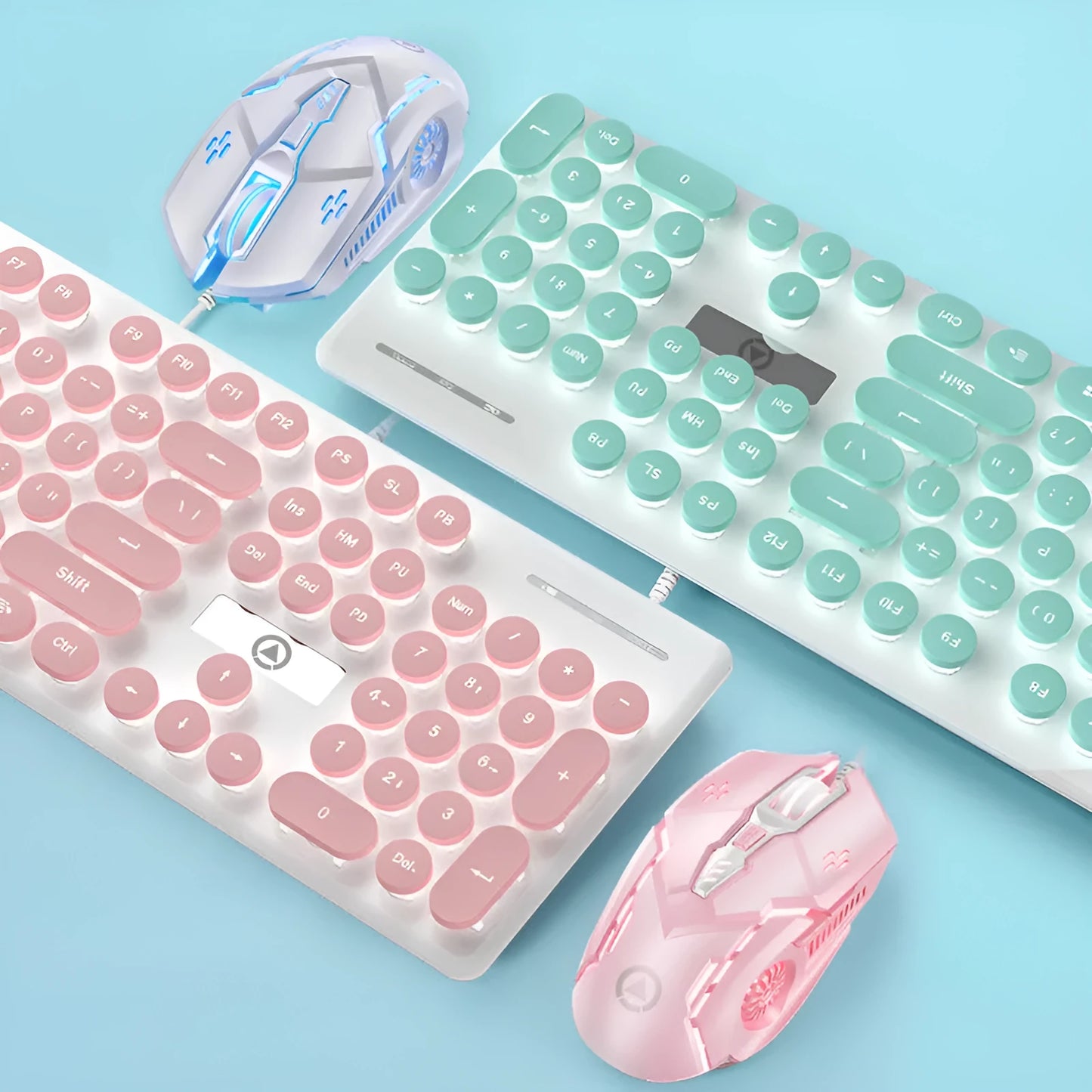 Punk mechanical feel keyboard with backlight in mint green, pink, or black blue light colours, measuring 44cm wide
