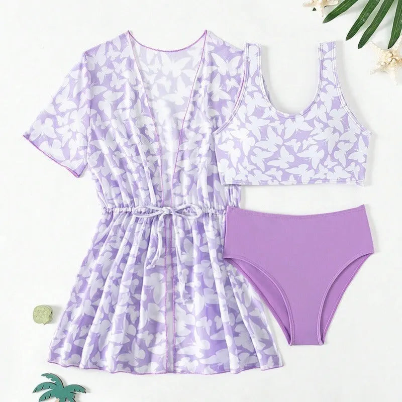 Girls' three-piece split cover print swimsuit set in colour 3218, sizes 8Y to 12Y.
