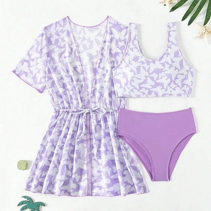 Girls' three-piece split cover print swimsuit set in colour 3218, sizes 8Y to 12Y.