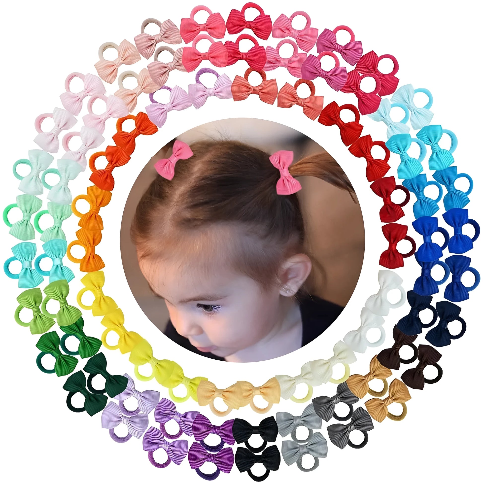 Multi-coloured assortment of 80 baby hair ties with grosgrain ribbon bows for infants and toddlers.