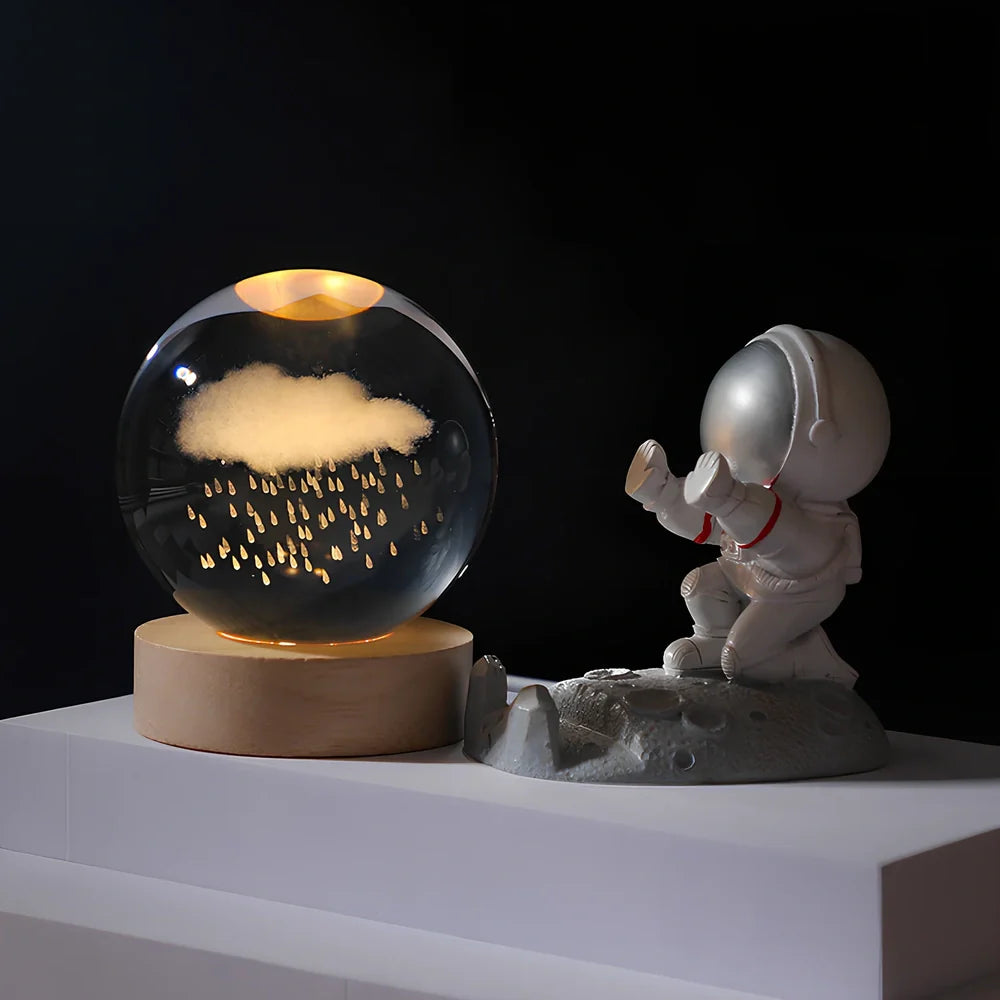 Cosmos Series 8cm crystal ball night light on wooden base with astronaut pusher projecting Milky Way pattern