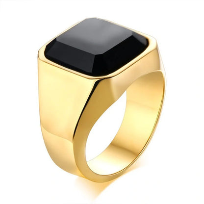 Men's stainless steel black agate ring with geometric design in silver, gold, and red black