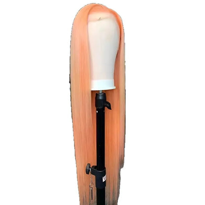 Light orange long straight synthetic lace front wig with a side fringe, shown on a mannequin head.