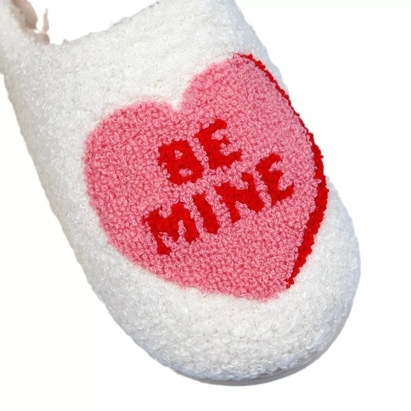 Valentine's Day Love Heart Cotton Slippers with non-slip sole in white