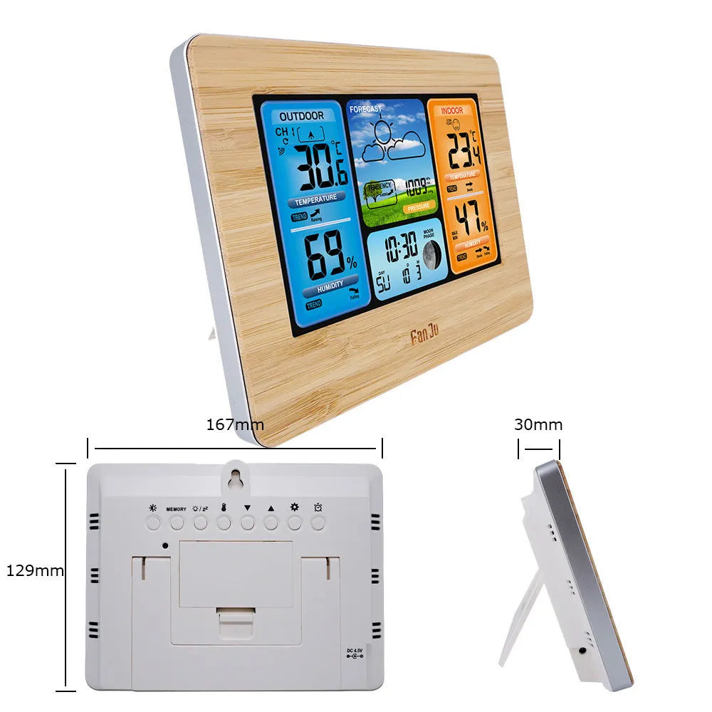 Rectangular LCD weather station showing temperature, humidity and weather forecast data