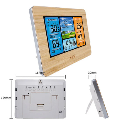Rectangular LCD weather station showing temperature, humidity and weather forecast data