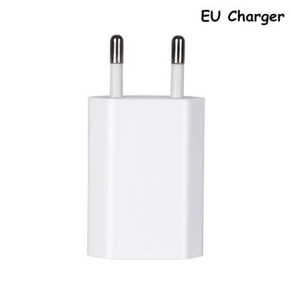 White USB wall charger with UK plug and a white Lightning cable for iPhone and iPad charging