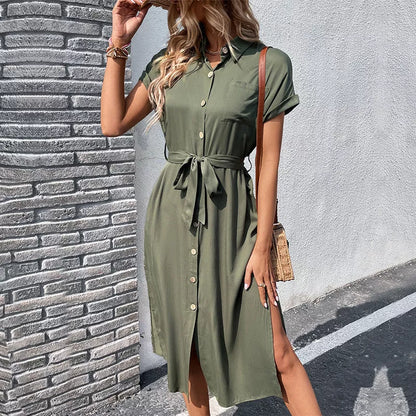 Summer long dress with button pocket and lace-up collar in Army Green and Blue