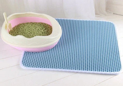 Deluxe Honeycomb Cat Litter Mat in various colors and sizes, featuring a waterproof base and high-elastic EVA foam design to effectively trap litter