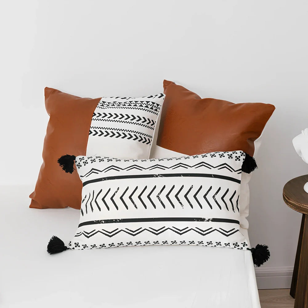 Double-sided sofa cushion set: 45x45cm cotton canvas squares and 35x50cm PP cotton pillow with leather reverse and hidden zippers