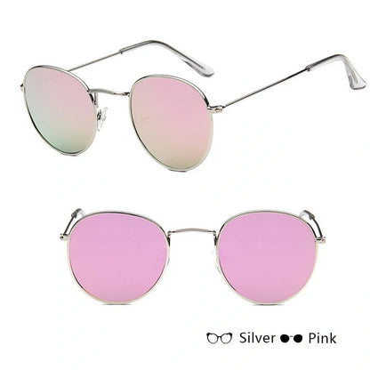 Stylish women's retro sunglasses with round frame and metal finish