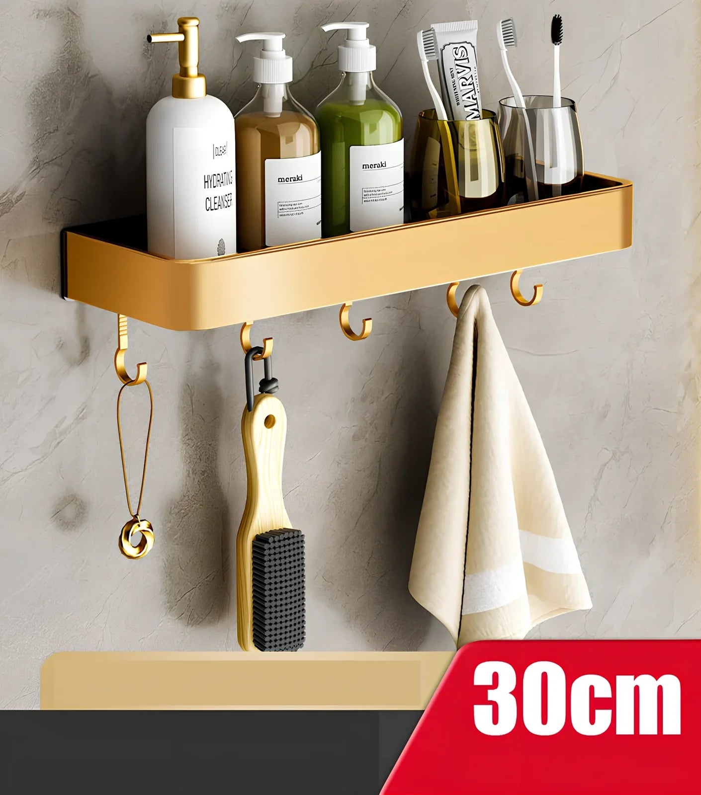 Modern space aluminum perforated towel storage rack, 40cm length with hook, wall-mounted for bathroom drying