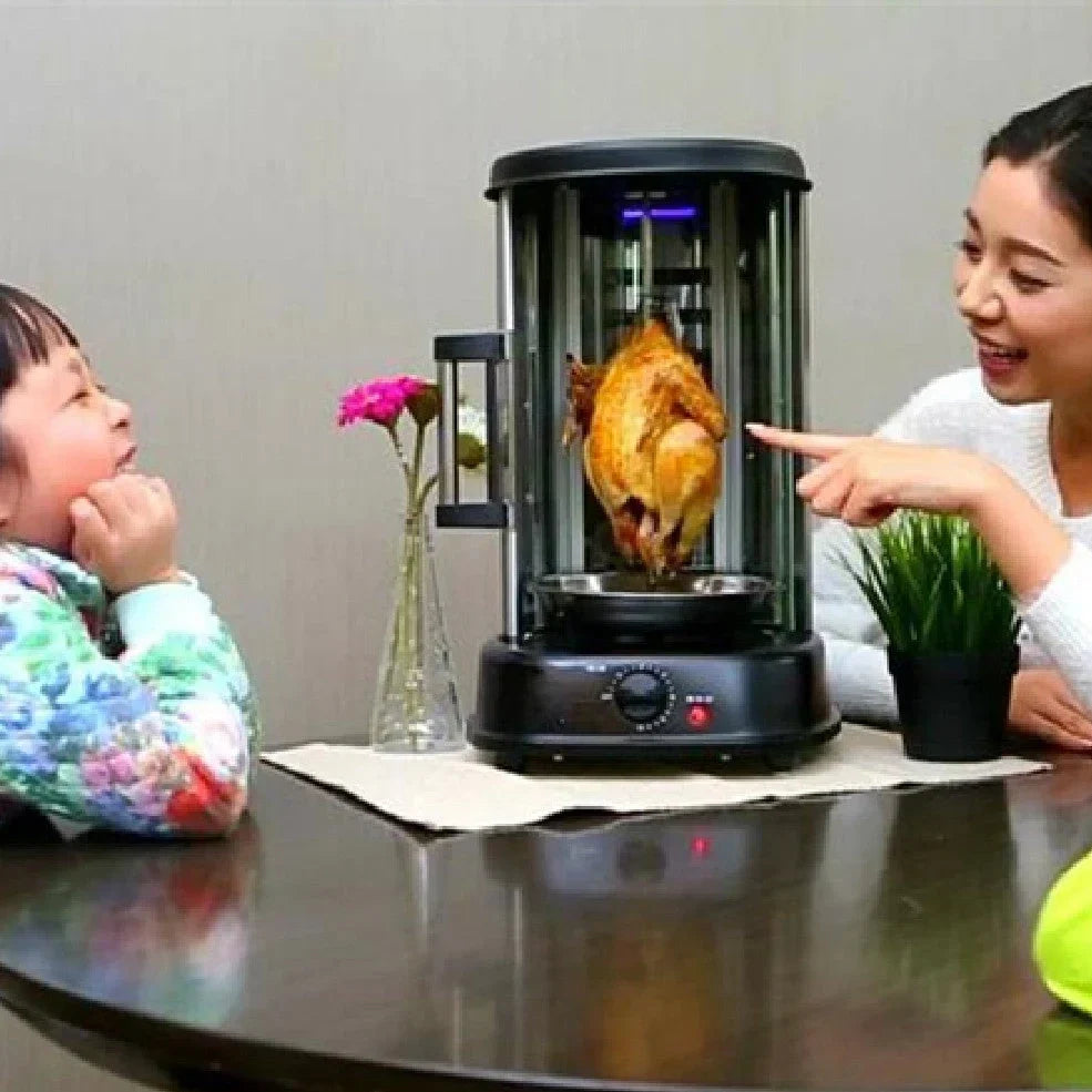 Black electric indoor rotisserie oven with 334x282x446mm dimensions and 21L cooking capacity