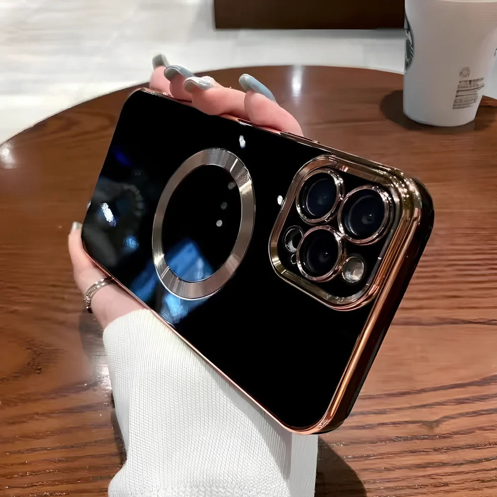 Electroplated metal brushed magnetic iPhone case showing magnetic ring and precise port cutouts