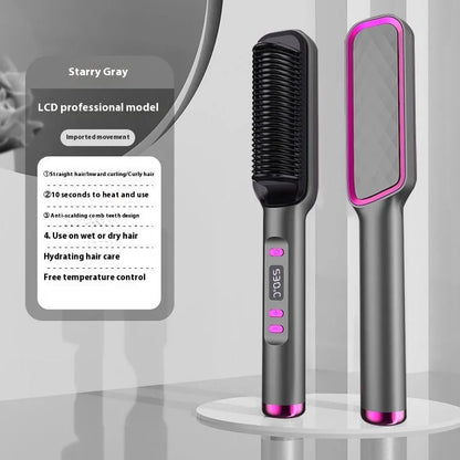Negative ion hair straightening comb with LCD screen in avocado green colour.