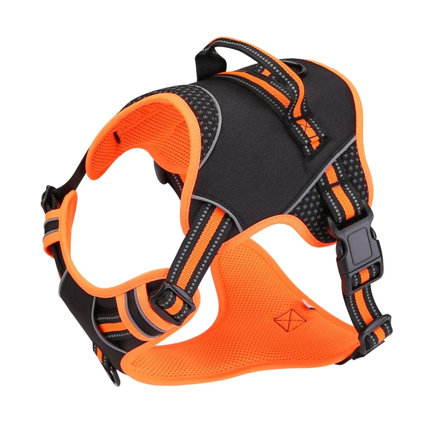 Orange polyester dog harness with integrated traction strap shown on a model, sized for medium dogs.