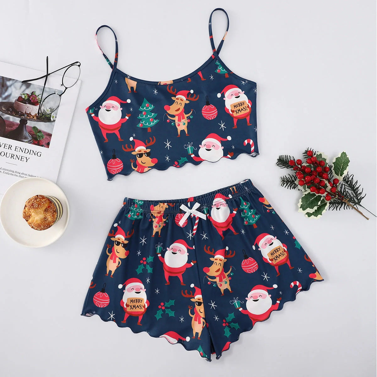 Christmas Women's Milk Silk Pajamas Set with Sleeveless Shorts in festive designs