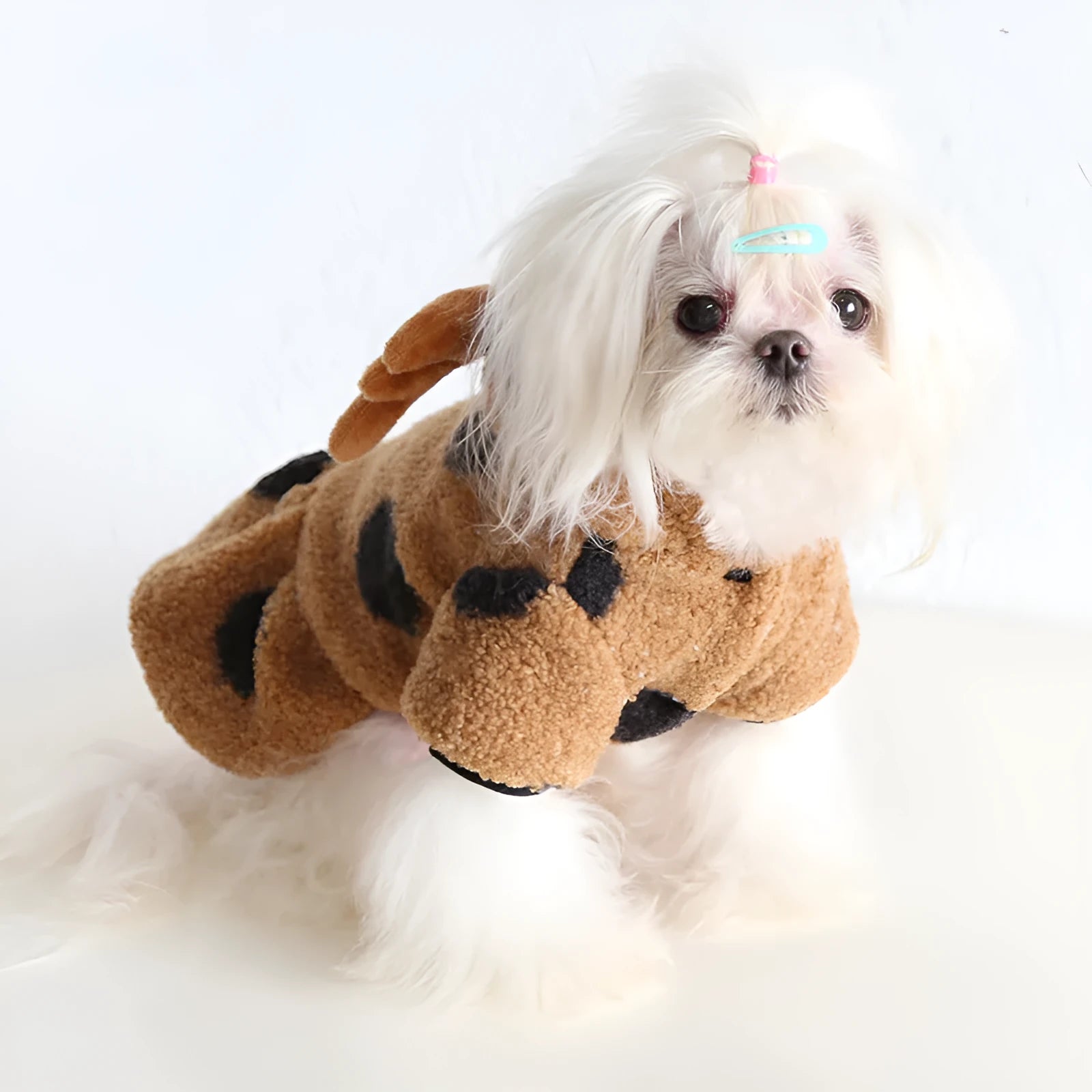 Polka dot elk design pet clothing for cat or dog, shown in four-leg and skirt style options.