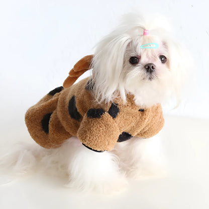 Polka dot elk design pet clothing for cat or dog, shown in four-leg and skirt style options.