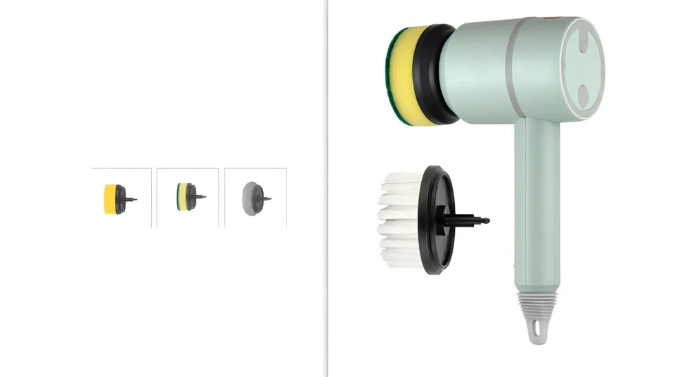 Electric cleaning brush with pink housing and multiple brush attachments for kitchen and bathroom surfaces