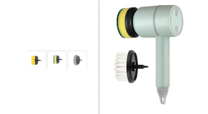 Electric cleaning brush with pink housing and multiple brush attachments for kitchen and bathroom surfaces