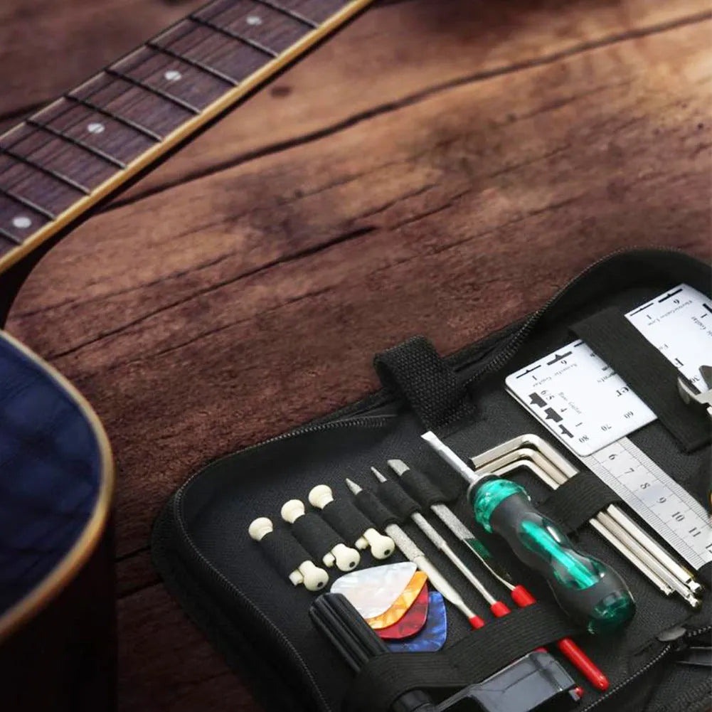 Black guitar repair kit with tools in a 200x100x45mm case for guitars, basses, mandolins, banjos