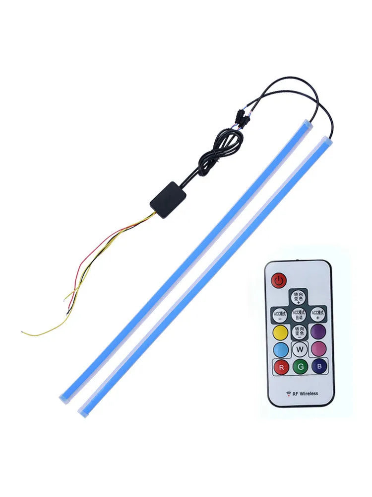 LED daytime running lights with remote control, showing RGB colour options and sizes 30cm, 45cm, 60cm
