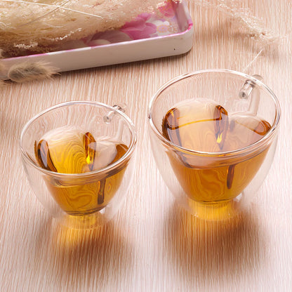 Heart-shaped glass coffee cup with handle, 180ml capacity, hand-blown finish