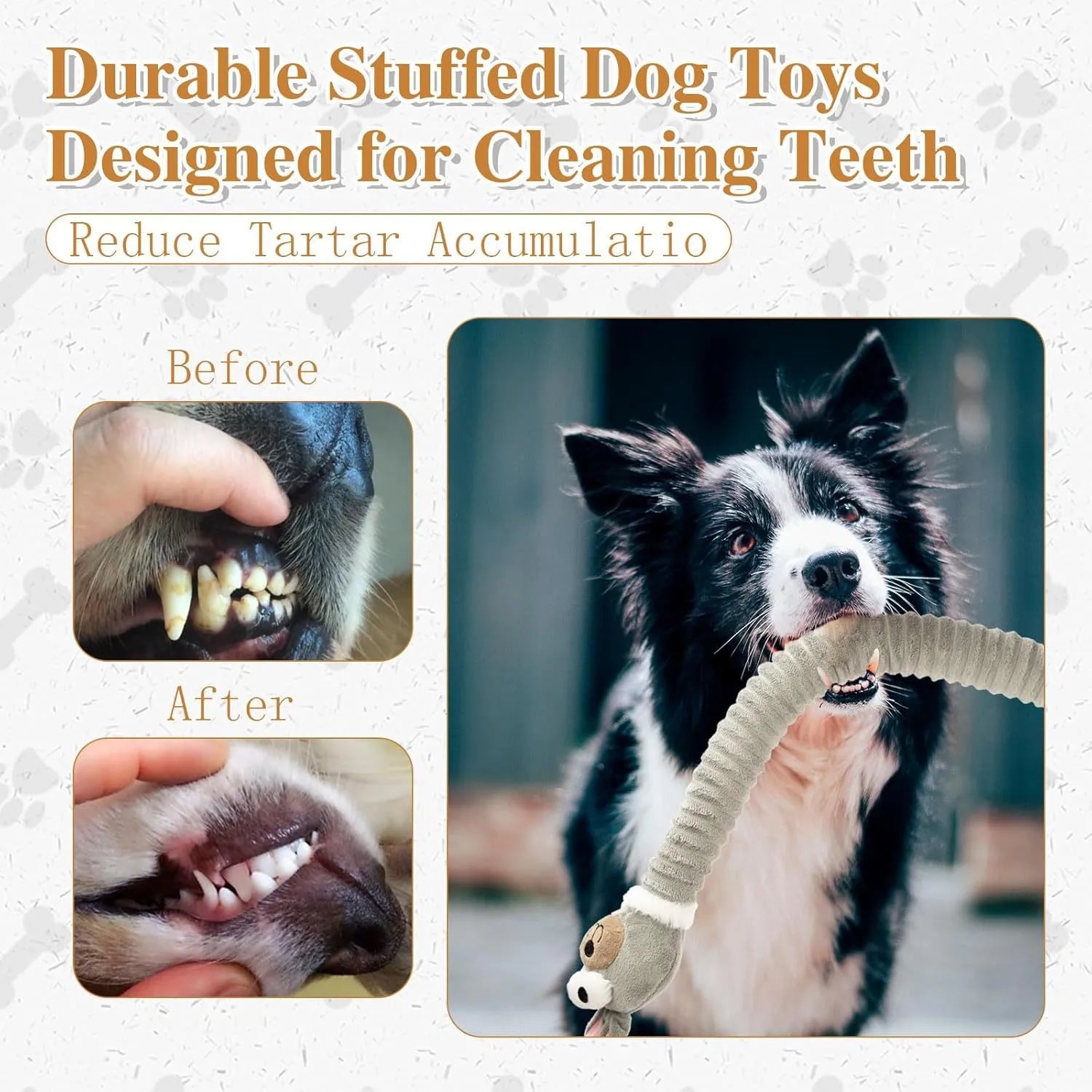 Assorted plush squeaky dog toys with crinkle texture in brown, grey, and yellow colours showing foldable design