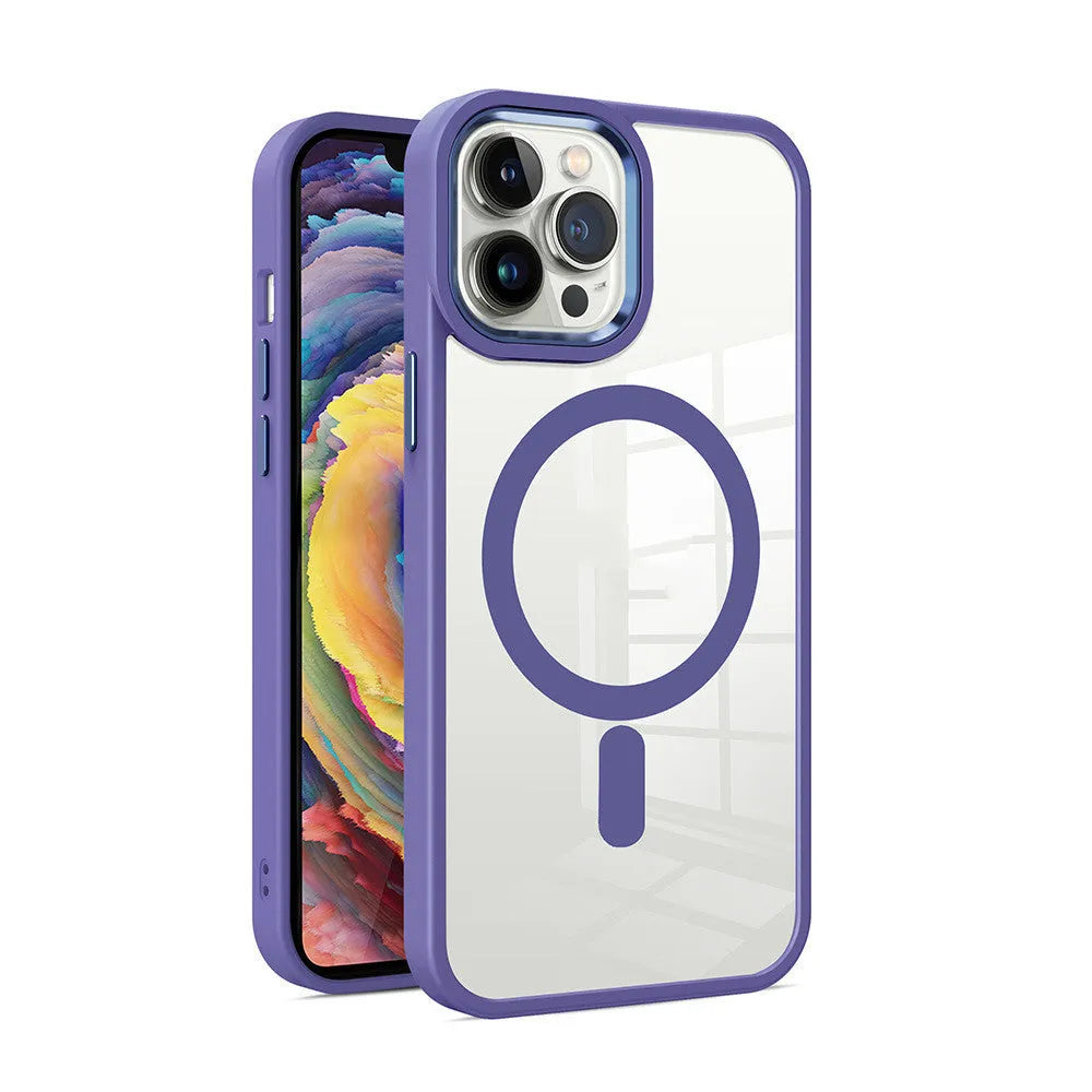 Magnetic transparent silicone phone case showing iPhone compatibility and 10 colour options including green, red, blue, and purple