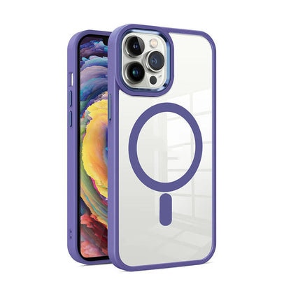 Magnetic transparent silicone phone case showing iPhone compatibility and 10 colour options including green, red, blue, and purple