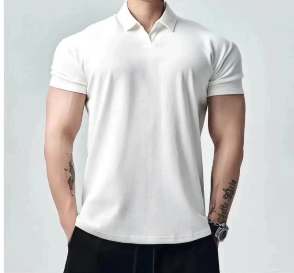 Men's loose fit retro T-shirt shown in black with a Henry collar on a mannequin.