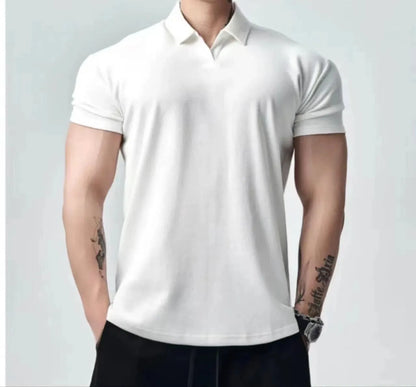Men's loose fit retro T-shirt shown in black with a Henry collar on a mannequin.