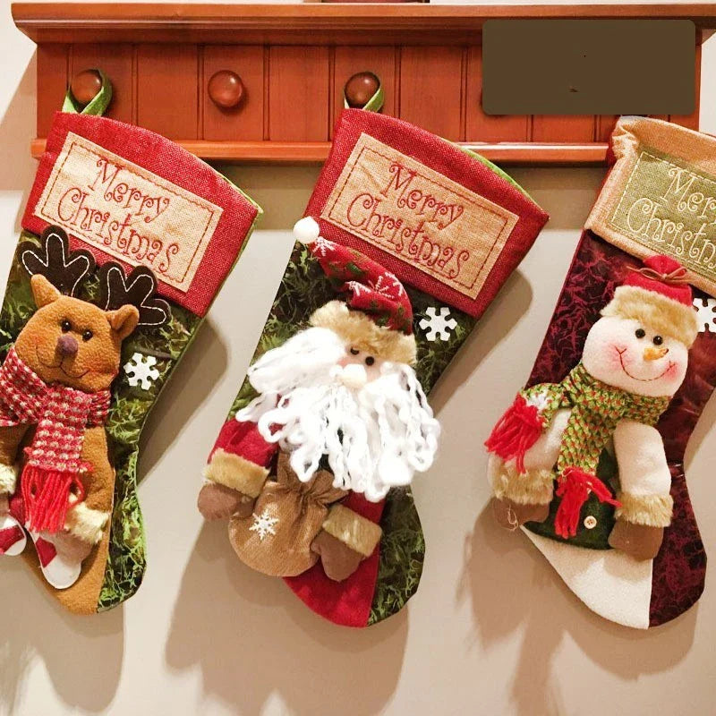 Festive Burlap Christmas Stockings with 3D Appliqué Designs