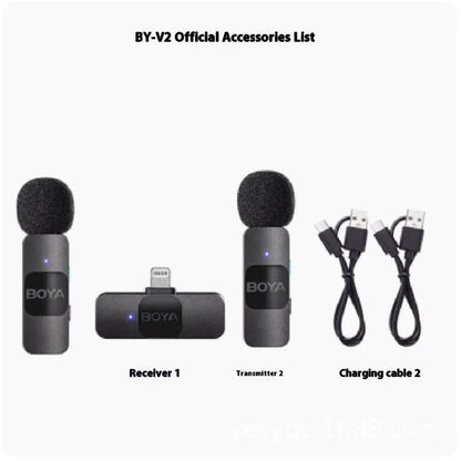 Wireless collar clip microphone with 2.4GHz transmission and USB-C charging for mobile live streaming and video recording