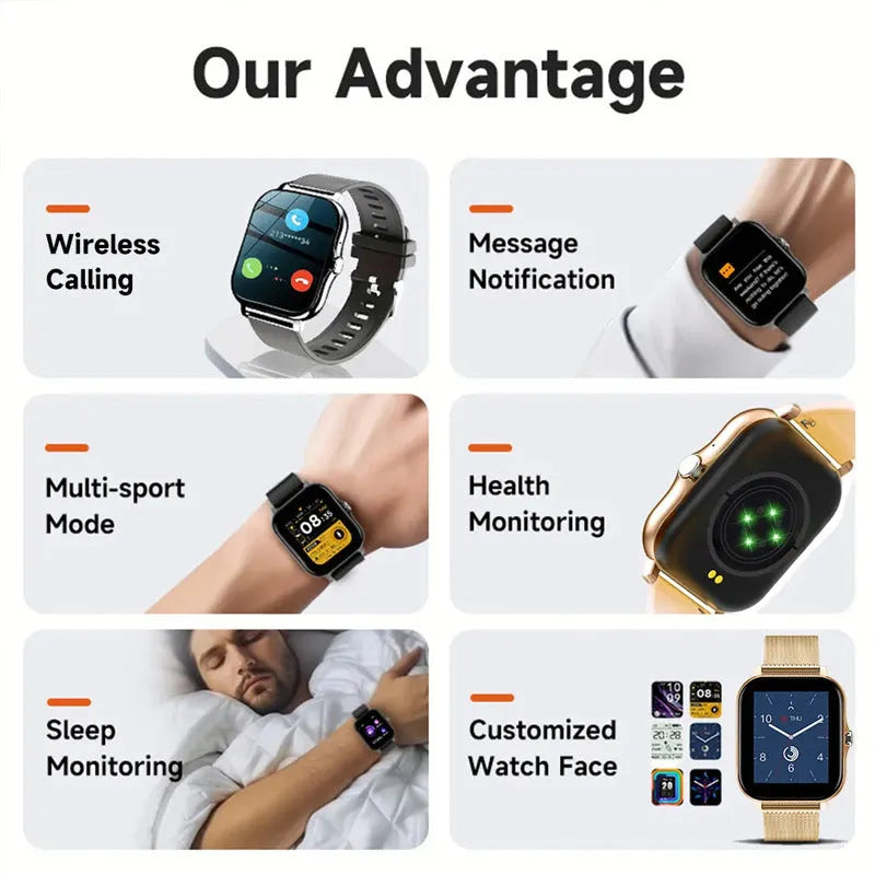 Smart watch with 144-inch touchscreen displaying health metrics, silicone strap, waterproof design for daily activity tracking