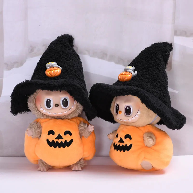 Halloween pumpkin doll clothes with black hat, plush two-piece set, shown as doll clothing and car or curtain decoration.
