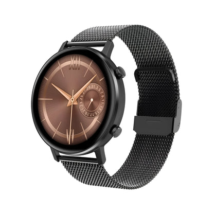 DT96 fitness tracker with steel strap on wrist, showing 1.3-inch screen displaying step count.