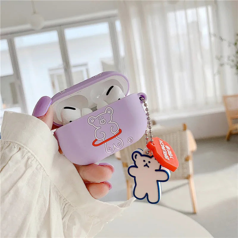 Silicone flip case for AirPods Pro and AirPods 1 2 3 generation with hula hoop bear design and pendant