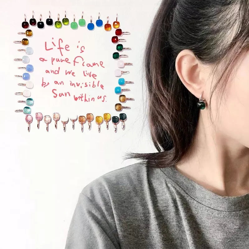 Platinum plated candy color earrings with zircon crystals in geometric design