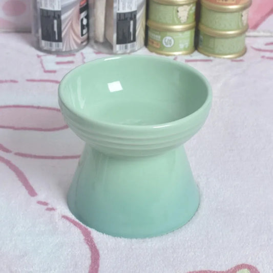 Ceramic pet bowl with high foot neck protector raised 5-6 cm, showing smooth interior and stable base design