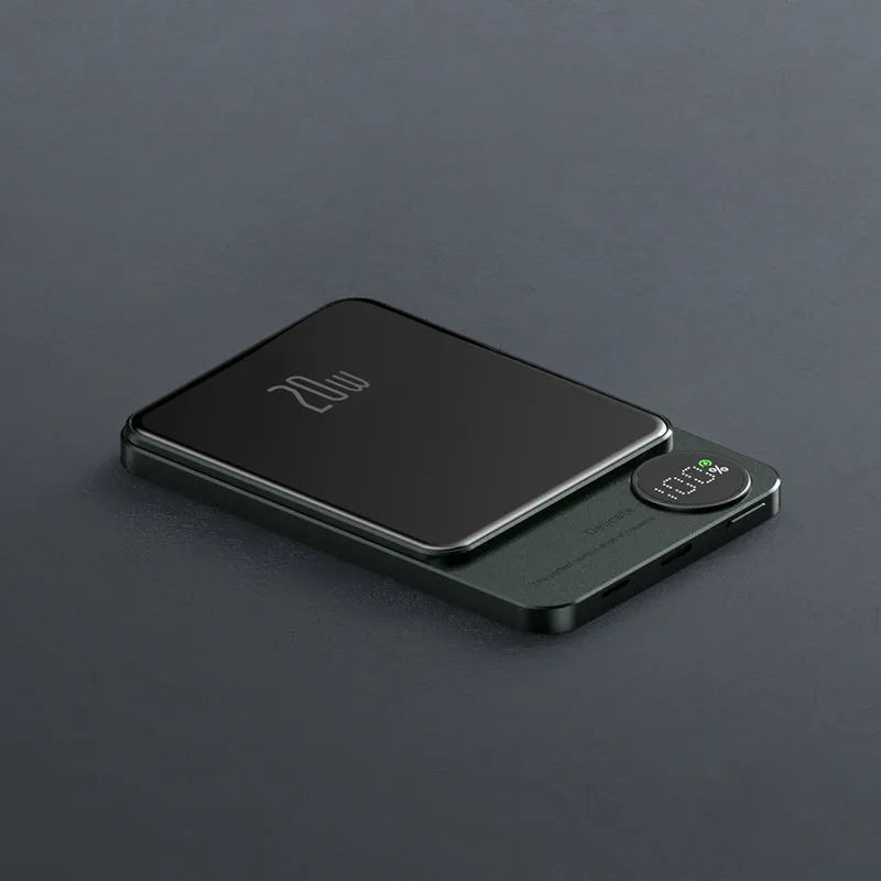 MagSafe magnetic wireless power bank in Cangling Green for iPhone 14, showing aluminium alloy case.