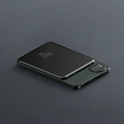 MagSafe magnetic wireless power bank in Cangling Green for iPhone 14, showing aluminium alloy case.