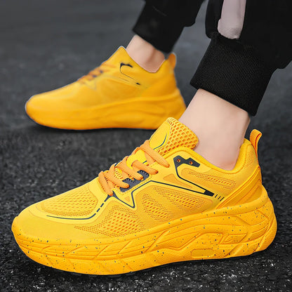 Men's and women's running shoes with mesh upper, EVA-rubber sole, slope heel design in white, black, red or yellow